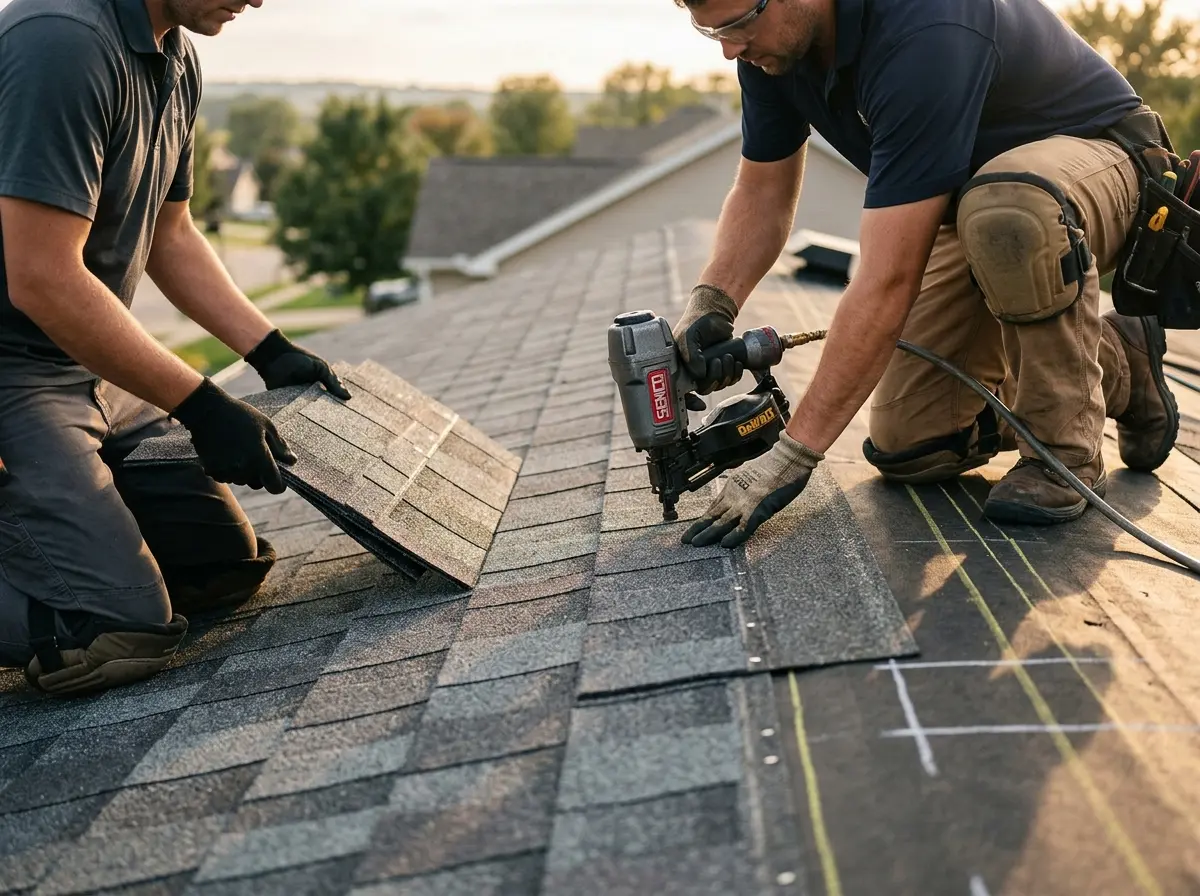 Professional roofer working on a residential roof in Paulsboro